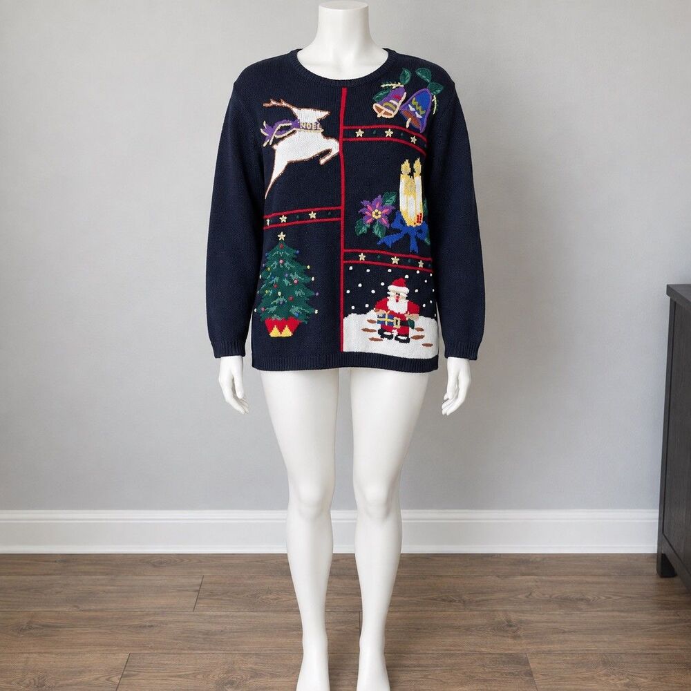 Dress Barn Christmas Sweater Womens L Reindeer Santa Bells Ugly Holiday Retro